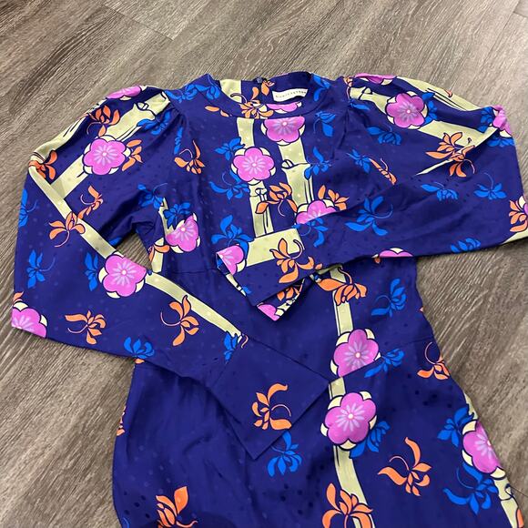 NWT Silvia Astore Jade Blue Floral Silk Midi Dress Size 42 |‎ Medium Long Sleeve - Picture 3 of 16